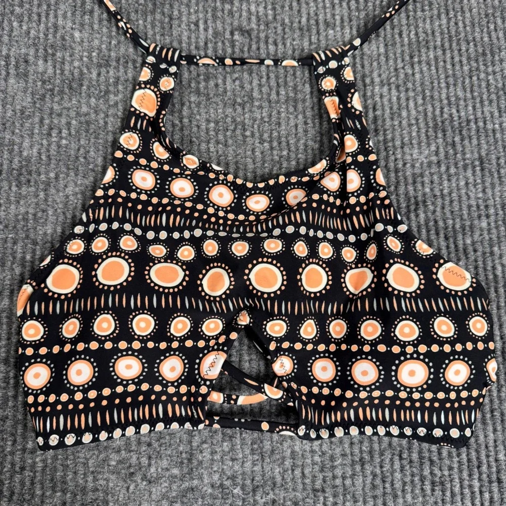 Cupshe Womens High Neck Halter Bikini Top Black Orange Geometric Dot Medium